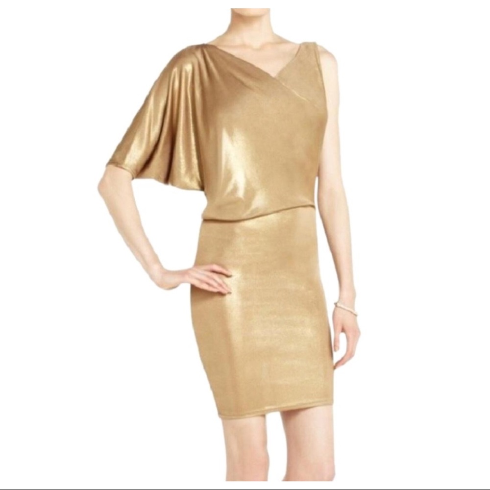 BCBGMAXAZRIA METALLIC GOLD ONE SHOULDER MINI DRESS - Picture 7 of 7